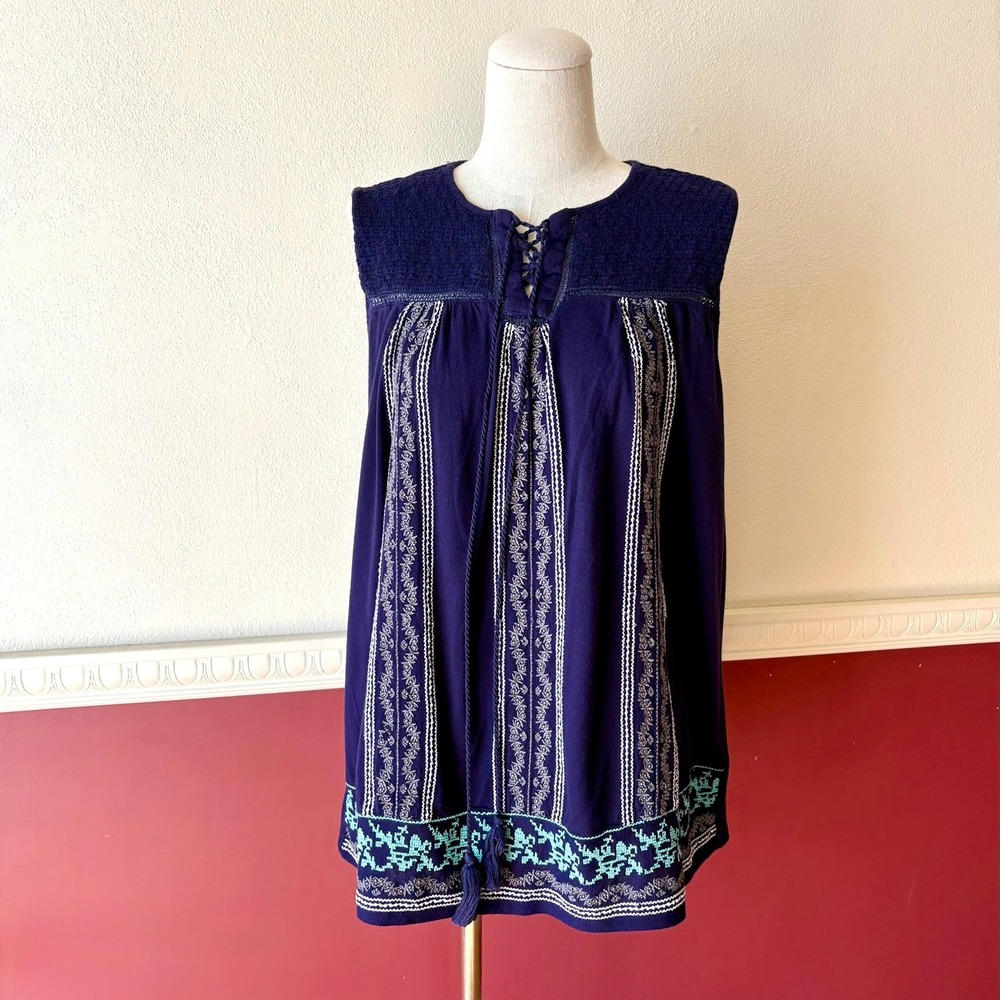 Hazel Anthropologie‎ Navy Embroidered Sleeveless Tunic Top Lace Up Tassel L Boho